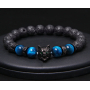 Láva černá + Tygří oko světle modré + Vlčí hlava náramek elastický přírodní kámen, kulička 8 mm / 19 cm