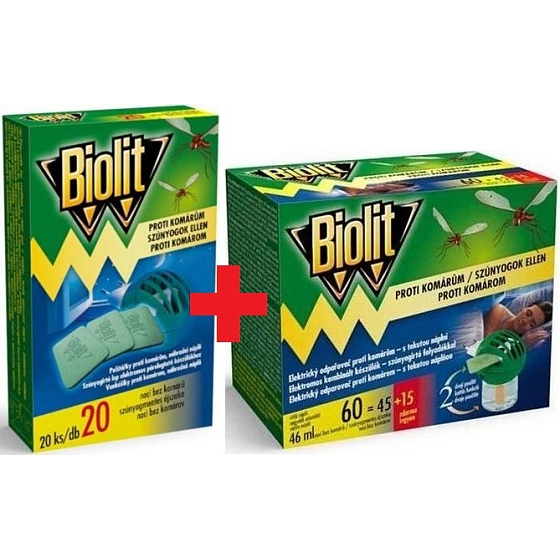 Biolit Proti komárům elektrický odpařovač proti komárům s tekutou náplní 60 nocí 46 ml + Biolit Polštářky do elektrického odpuzovače komárů náplň 20 kusů
