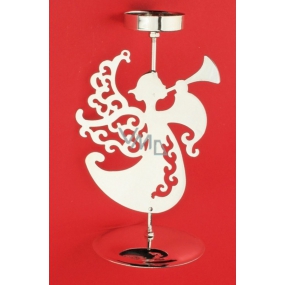 Svícen kovový anděl s trubkou na čajovou svíčku stříbrný, 16 cm