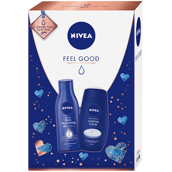 Nivea Feel Good výživné tělové mléko pro ženy 250 ml + Creme Care sprchový gel 250 ml, kosmetická sada