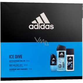 Adidas Ice Dive parfémovaný deodorant sklo pro muže 75 ml + sprchový gel 250 ml + kuličkový antiperspirant deodorant roll-on 50 ml, kosmetická sada pro muže