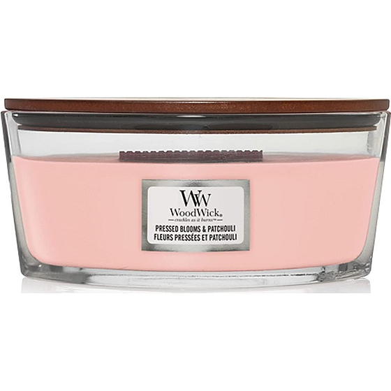 WoodWick Pressed Blooms & Patchouli - Drcené květy a pačuli vonná svíčka s dřevěným širokým knotem a víčkem sklo loď 453 g