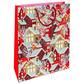Nekupto Dárková papírová taška 32,5 x 26 x 13 cm Vánoční domečky červené