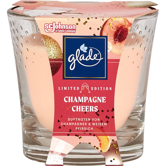 Glade Champagne Cheers s vůní šampaňského a čerstvé broskve vonná svíčka ve skle, doba hoření až 38 hodin 129 g