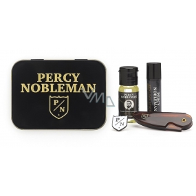 Percy Nobleman Stylingový vosk na vousy 5 ml + skládací cestovní hřebínek na vousy a knír + vyživující olejový kondicionér na vousy 10 ml + brož s logem Percy Nobleman, pro muže sada na vousy