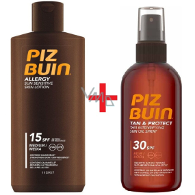 Piz Buin Allergy SPF15 mléko na opalování předchází vzniku sluneční alergie 200 ml + Tan & Protect SPF30 ochranný olej urychlující proces opalování 150 ml sprej, duopack