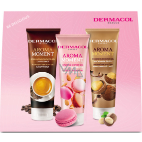 Dermacol Aroma Moment Coffee Shot - Kávový shot sprchový gel 250 ml + Almond Macaroon - Mandlová makronka sprchový gel 250 ml + Macadamia Truffle - Makadamiový lanýž sprchový gel 250 ml, kosmetická sada pro ženy