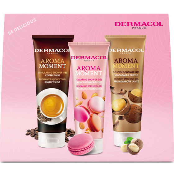 Dermacol Aroma Moment Coffee Shot - Kávový shot sprchový gel 250 ml + Almond Macaroon - Mandlová makronka sprchový gel 250 ml + Macadamia Truffle - Makadamiový lanýž sprchový gel 250 ml, kosmetická sada pro ženy