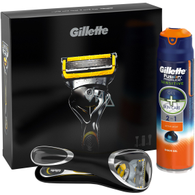 Gillette Fusion Proshield holicí strojek + náhradní hlavice 1 kus + gel na holení 170 ml + Cestovní pouzdro, kosmetická sada, pro muže