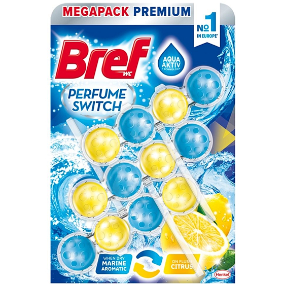 Bref Perfume Switch Marine-Citrus WC blok s vůní svěžesti a citrusu efekt změny vůně 3 x 50 g