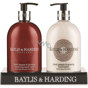 Baylis & Harding Men Černý pepř a Ženšen tekuté mýdlo dávkovač 500 ml + mléko na ruce dávkovač 500 ml, kosmetická sada pro muže