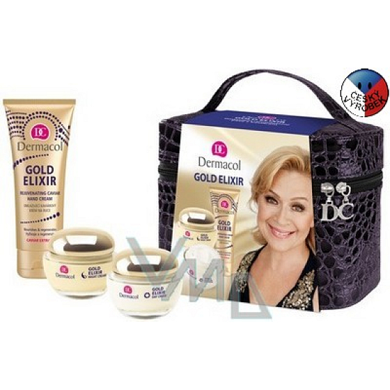 Dermacol Gold Elixir denní a noční krém 2 x 50 ml, péče 75 ml + kufřík, kosmetická sada