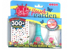 Bo-Po Flower Garden lak na nehty slupovací bílý 2,5 ml + lak na nehty slupovací tmavě zelený 2,5 ml + nálepky na nehty, kosmetická sada pro děti