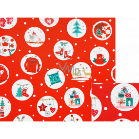 Nekupto Dárkový balicí papír 70 x 200 cm Vánoční červený stromek, brusle, dárky v bílých kolečkách