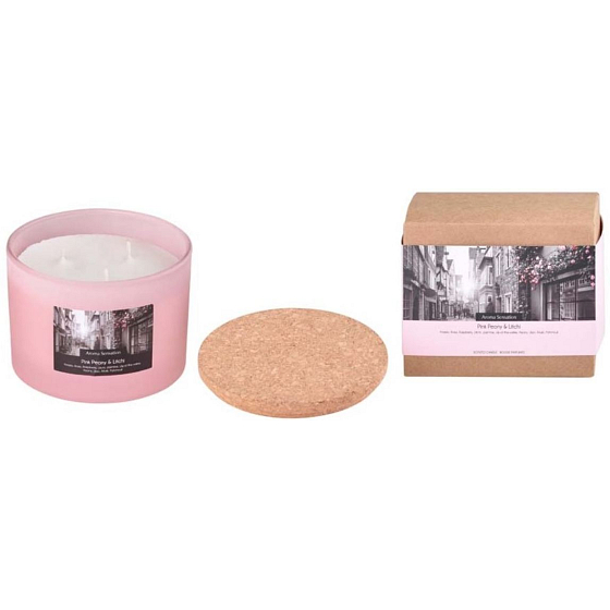 Arome Aroma Sensation Pink Peony & Litchi vonná svíčka ve skle s korkovým víčkem 100 x 80 mm 3 knoty