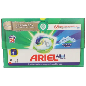 Ariel All in1 Pods Mountain Spring gelové kapsle na praní bílého a světlého prádla dlouhotrvající vůně 24 kusů