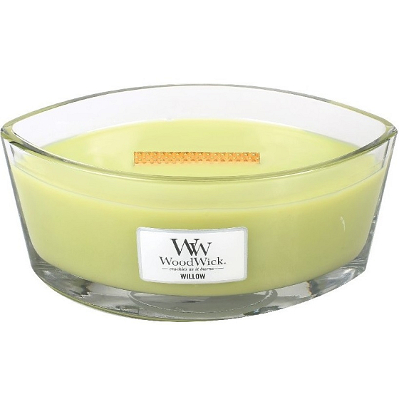 WoodWick Willow - Vrbové květy vonná svíčka s dřevěným širokým knotem a víčkem sklo loď 453 g