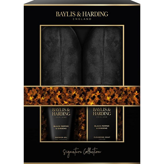 Baylis & Harding Men Černý pepř a Ženšen sprchový gel 140 ml + mýdlo 100 g + pantofle, kosmetická sada pro muže