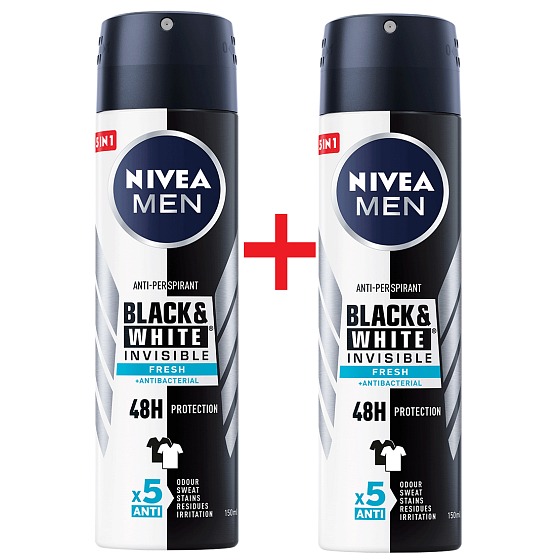 Nivea Men Invisible Black & White Fresh antiperspirant deodorant sprej 2 x 150 ml, duopack pro muže