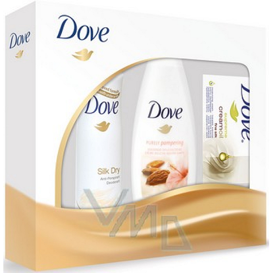 Dove Silk deodorant sprej 150 ml + sprchový gel 250 ml + krémová tableta 100 g, kosmetická sada