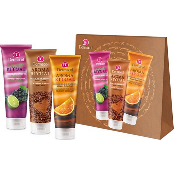 Dermacol Aroma Ritual Hrozny s limetkou Antistresový sprchový gel 250 ml + Belgická čokoláda sprchový gel 250 ml + Irská káva sprchový gel 250 ml, kosmetická sada